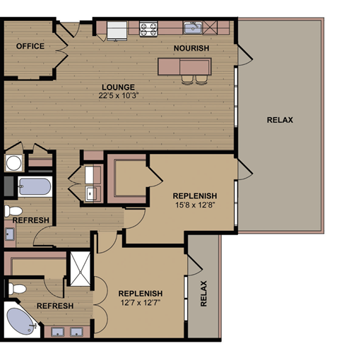 Floor plan for 2 beds, 2 baths, 1412 sqft